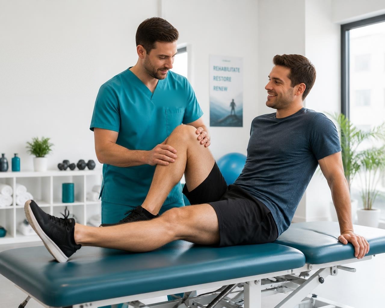 Physiotherapist at Physiosolution treating a patient's knee in the Indirapuram clinic