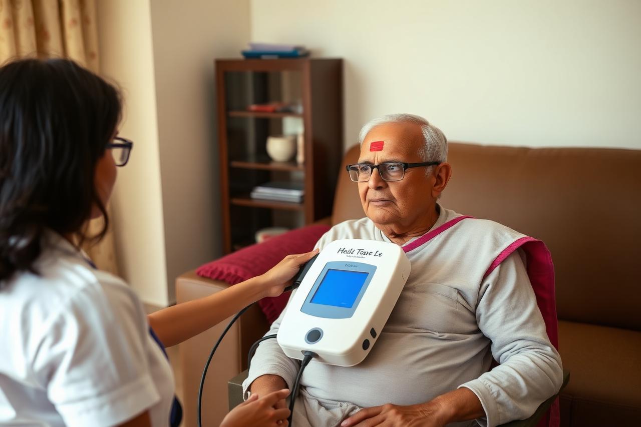 Physiotherapist treating an elderly patient during a home visit in Indirapuram